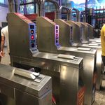 Subway turnstiles not working in Times Square on July 13, 2019 (Jake Offenhartz / Gothamist)